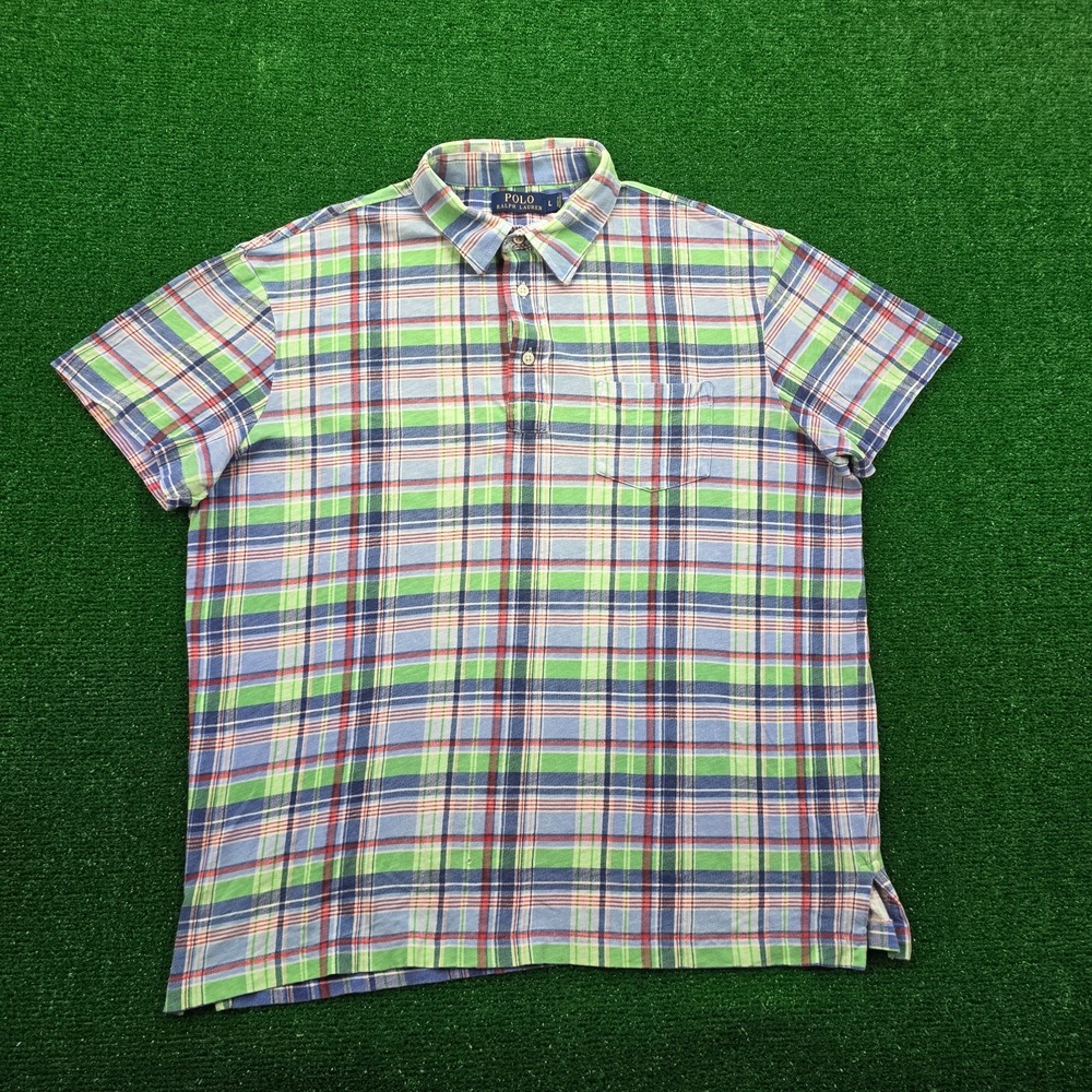 Polo Ralph Lauren Polo Shirt Mens Large Blue Green Plaid Classis Golf Preppy